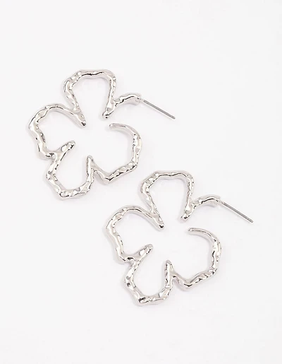 Silver Large Hammered Flower Hoop Earrings