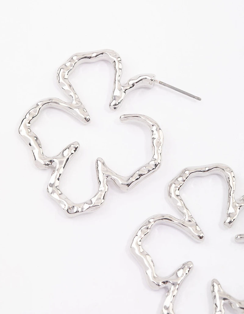 Silver Large Hammered Flower Hoop Earrings