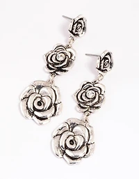 Antique Silver Triple Row Diamante Flower Drop Earrings