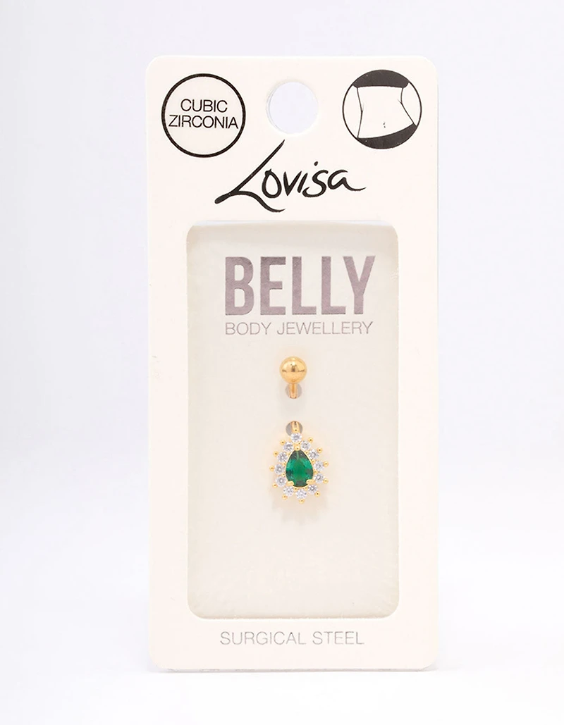 Gold Plated Surgical Steel Cubic Zirconia Spikey Pear Belly Ring