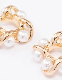Gold Small Twisted Pearly Hoop Earrings