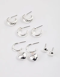 Silver Puffy Heart & Hoop Earrings 4-Pack