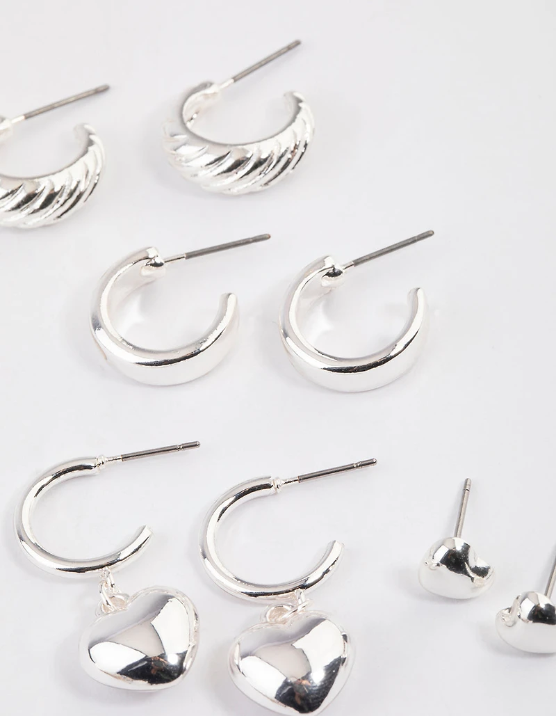 Silver Puffy Heart & Hoop Earrings 4-Pack