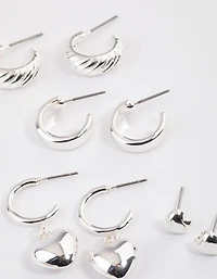 Silver Puffy Heart & Hoop Earrings 4-Pack