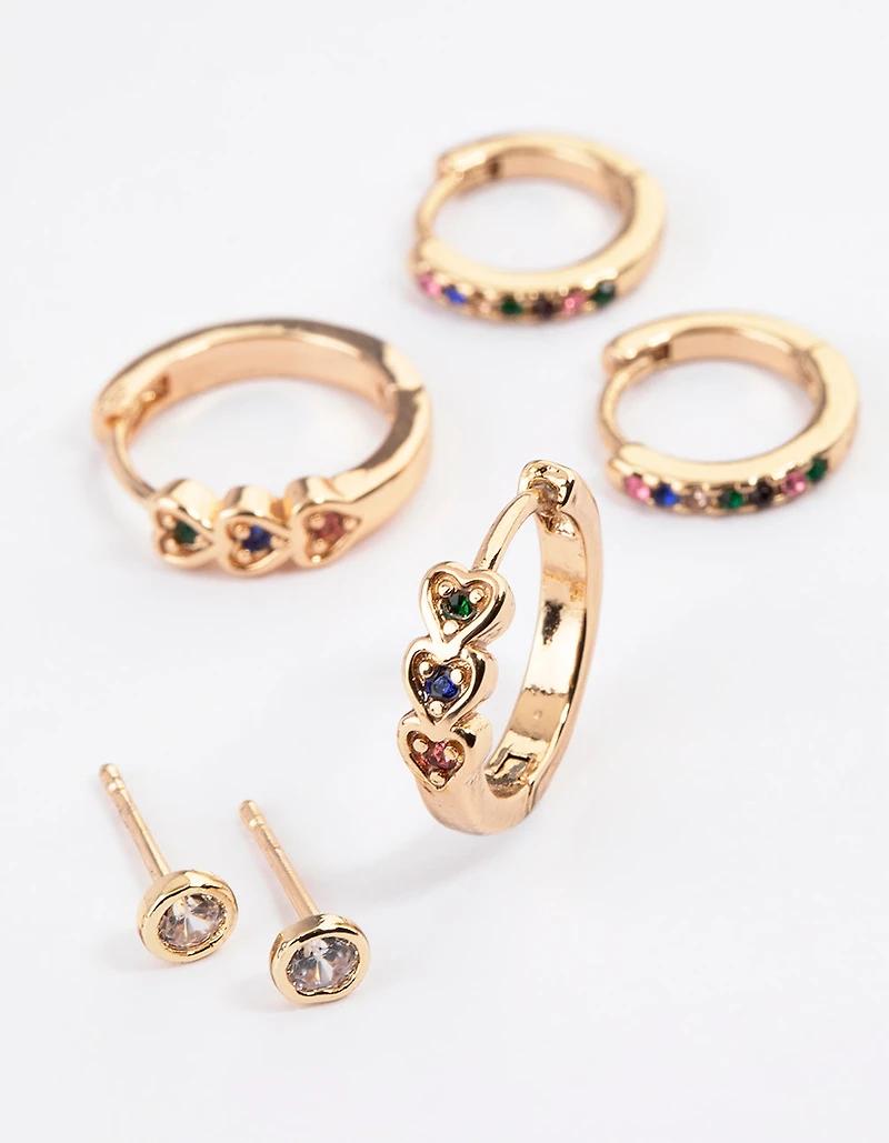 Gold Heart Diamante Earrings Pack