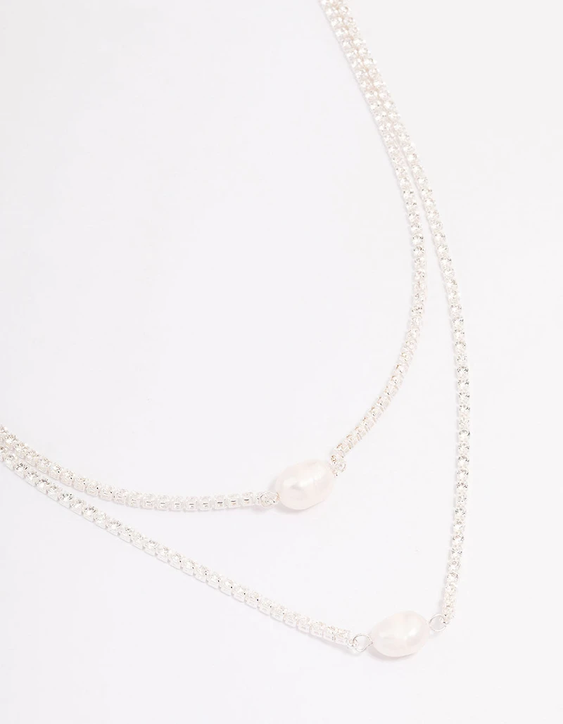 Silver Cubic Zirconia Multi-Row Pearl Necklace