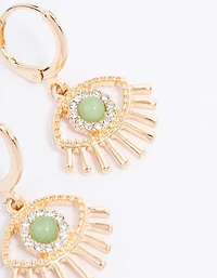 Gold Green Aventurine Diamante Eye Huggie Earrings