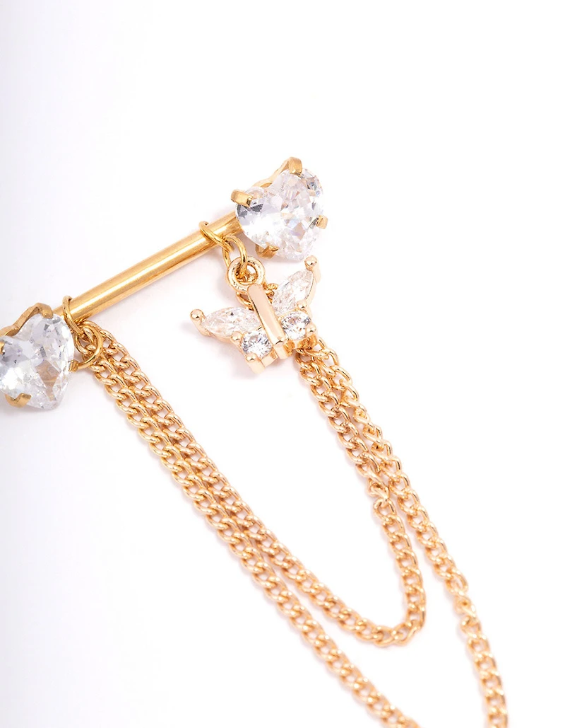 Gold Plated Surgical Steel Heart Butterfly Drop Nipple Piercing