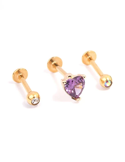 Gold Plated Surgical Steel Heart Round Cubic Zirconia Flat Back 3-Pack