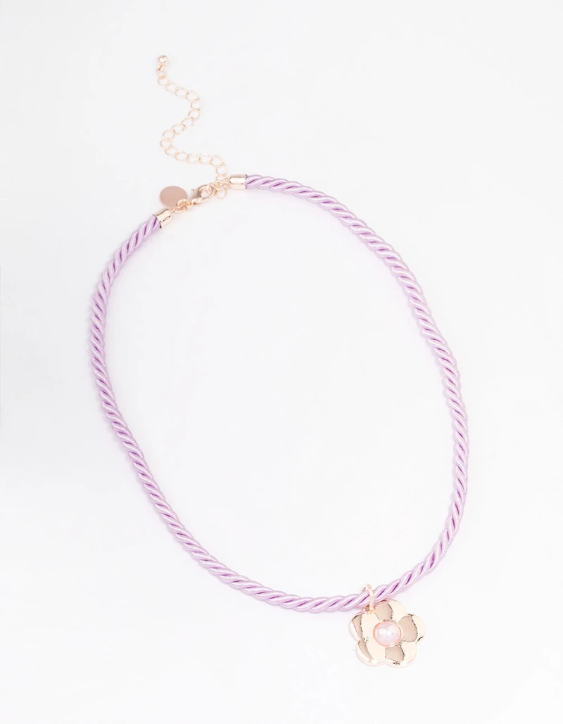 Rose Gold Twisted Cord Pearly Flower Necklace