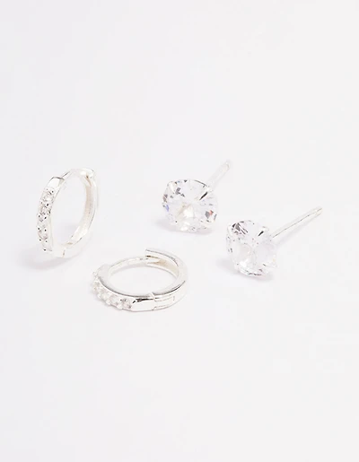 Sterling Silver Cubic Zirconia Stud & Huggie Earring Set