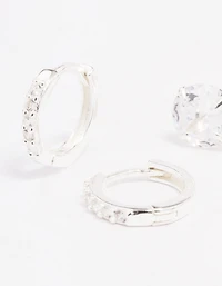 Sterling Silver Cubic Zirconia Stud & Huggie Earring Set