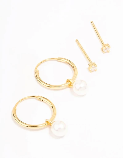 Gold Plated Sterling Silver Cubic Zirconia & Pearl Huggie Earring Pack