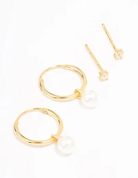 Gold Plated Sterling Silver Cubic Zirconia & Pearl Huggie Earring Pack