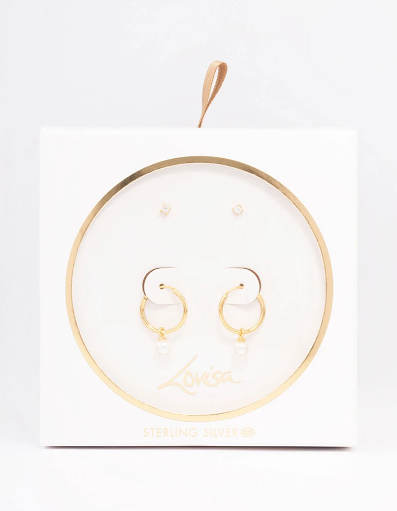 Gold Plated Sterling Silver Cubic Zirconia & Pearl Huggie Earring Pack
