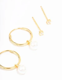 Gold Plated Sterling Silver Cubic Zirconia & Pearl Huggie Earring Pack