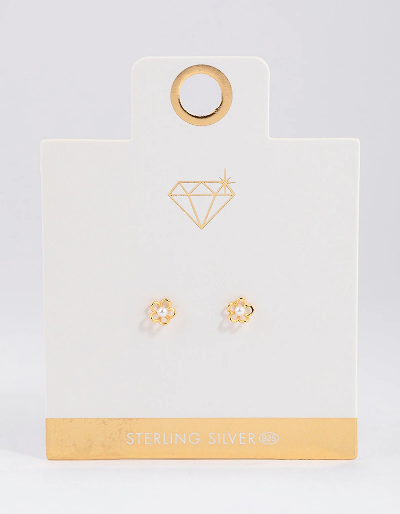Gold Plated Sterling Silver Pearl & Flower Stud Earrings