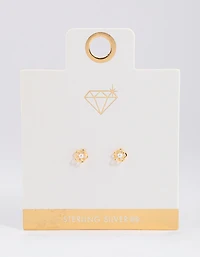 Gold Plated Sterling Silver Pearl & Flower Stud Earrings