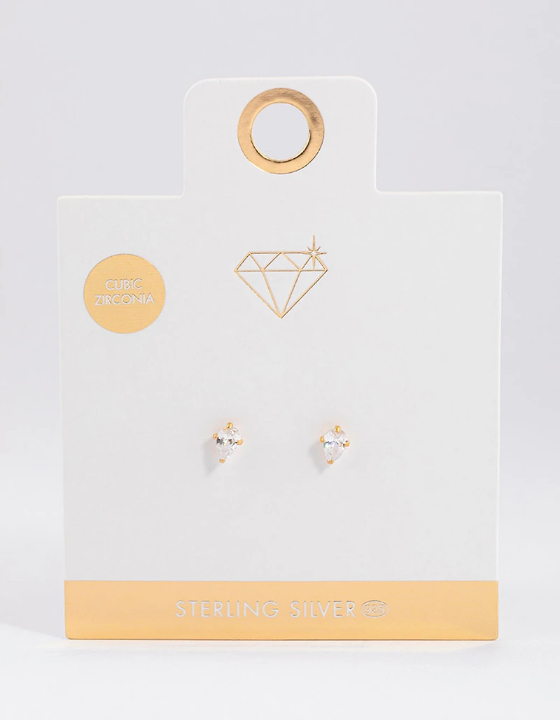 Gold Plated Sterling Silver Pear Cubic Zirconia Stud Earrings