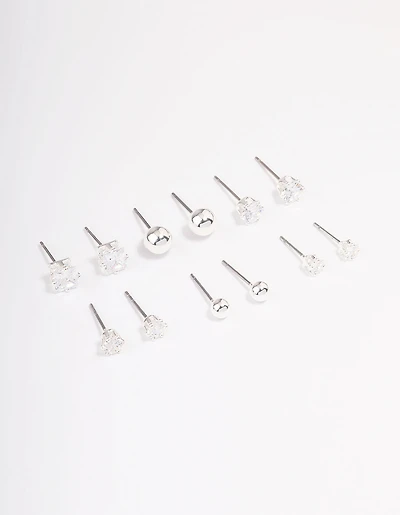 Silver Plated Cubic Zirconia & Ball Stud Earring 6-Pack