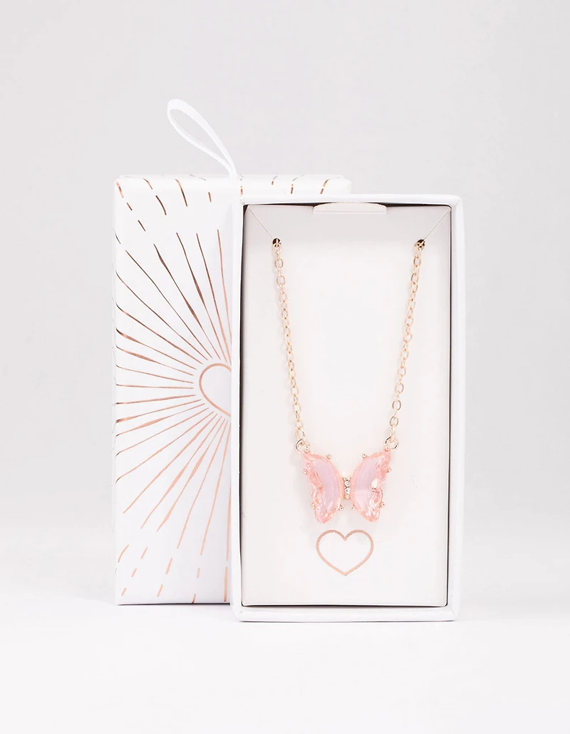 Rose Gold Pink Butterfly Pendant Necklace