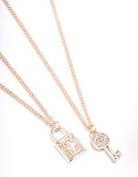 Rose Gold Diamante Lock & Key Necklace Pack