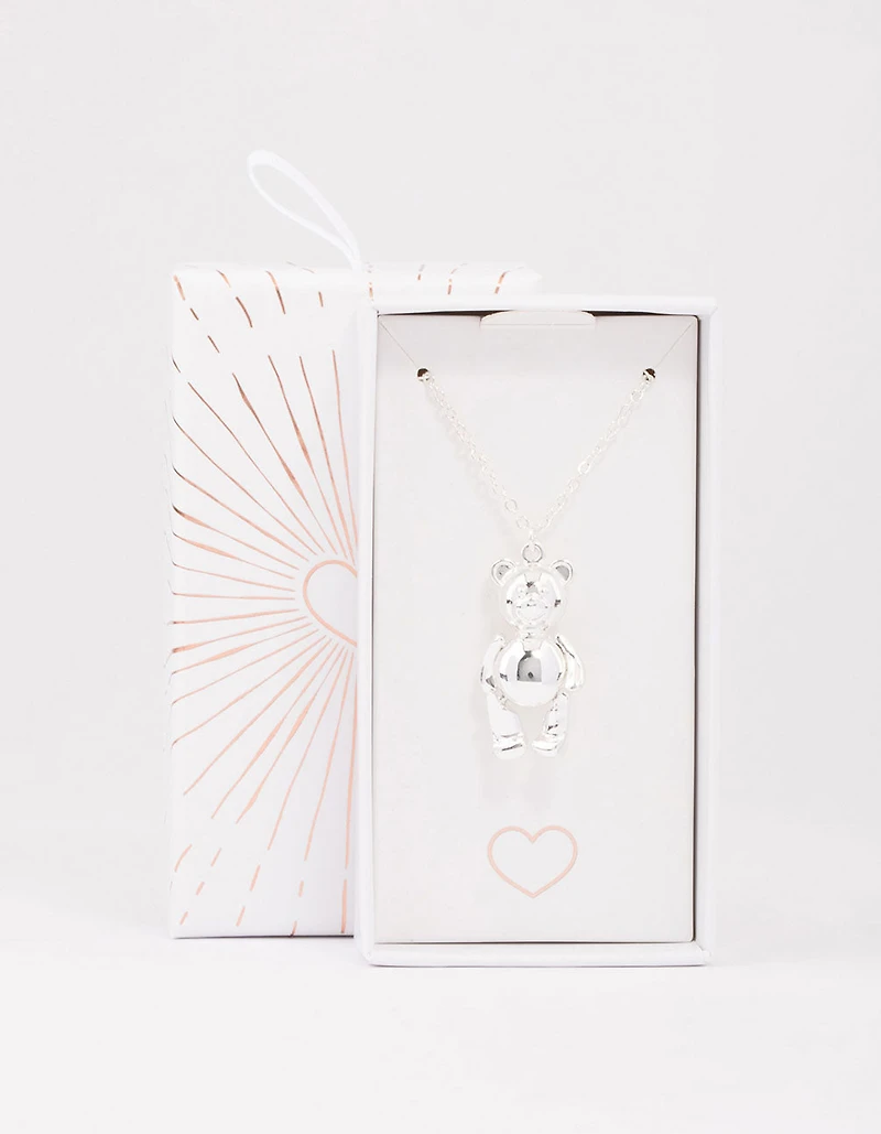 Silver Moving Teddy Bear Short Necklace