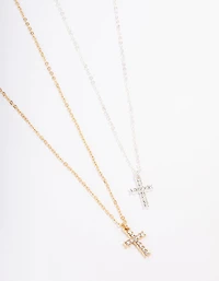 Gold & Silver Plated Diamante Cross Necklace Pack