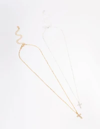 Gold & Silver Plated Diamante Cross Necklace Pack
