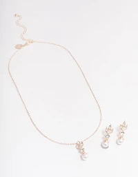 Rose Gold Leafy Diamante & Pearl Jewellery Set