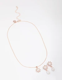Rose Gold Pearl Flower Drop Jewellery Set