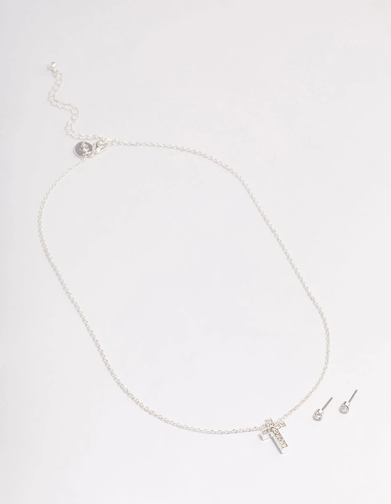 Silver Diamante Cross Jewellery Set