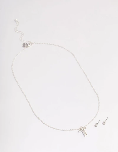 Silver Diamante Cross Jewellery Set