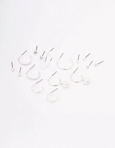 Silver Diamante Pearl Stud & Hoop Earring 8-Pack