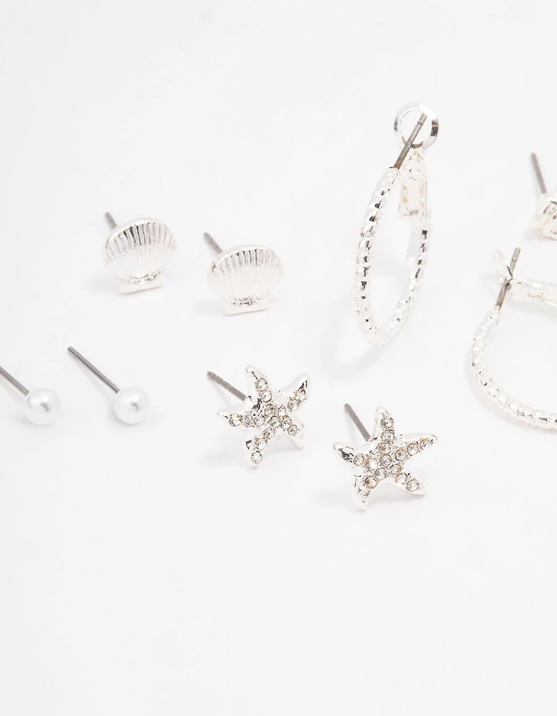 Silver Shell Pearl Stud Earring 8-Pack