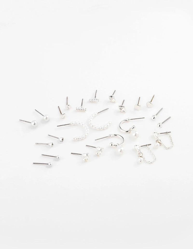 Silver Pearl Mixed Stud & Hoop Earring 12-Pack