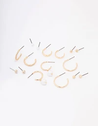 Gold Diamante Pearl Stud & Hoop Earring 8-Pack
