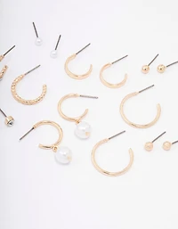 Gold Diamante Pearl Stud & Hoop Earring 8-Pack
