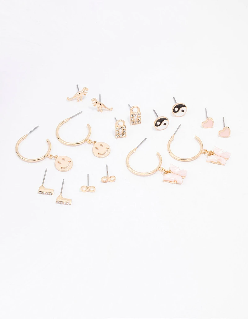 Gold Smiley Lock Diamante Earring 8-Pack