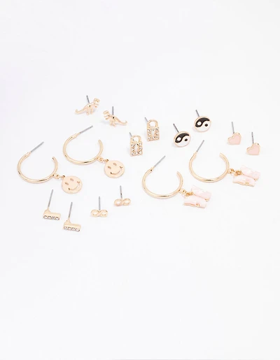 Gold Smiley Lock Diamante Earring 8-Pack