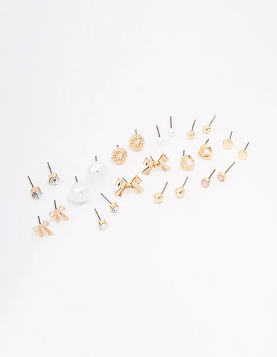 Gold Bow Pearl & Heart Earring 12-Pack