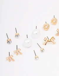 Gold Bow Pearl & Heart Earring 12-Pack