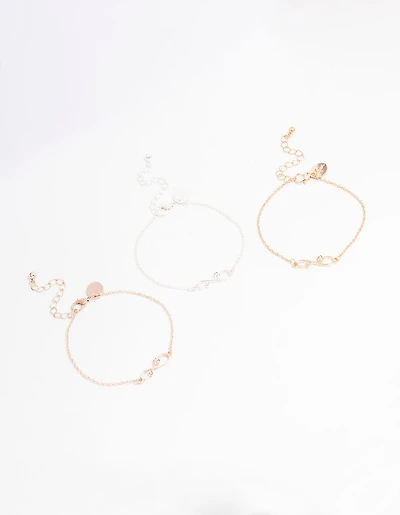 Mixed Metal Diamante Infinity Bracelet 3-Pack