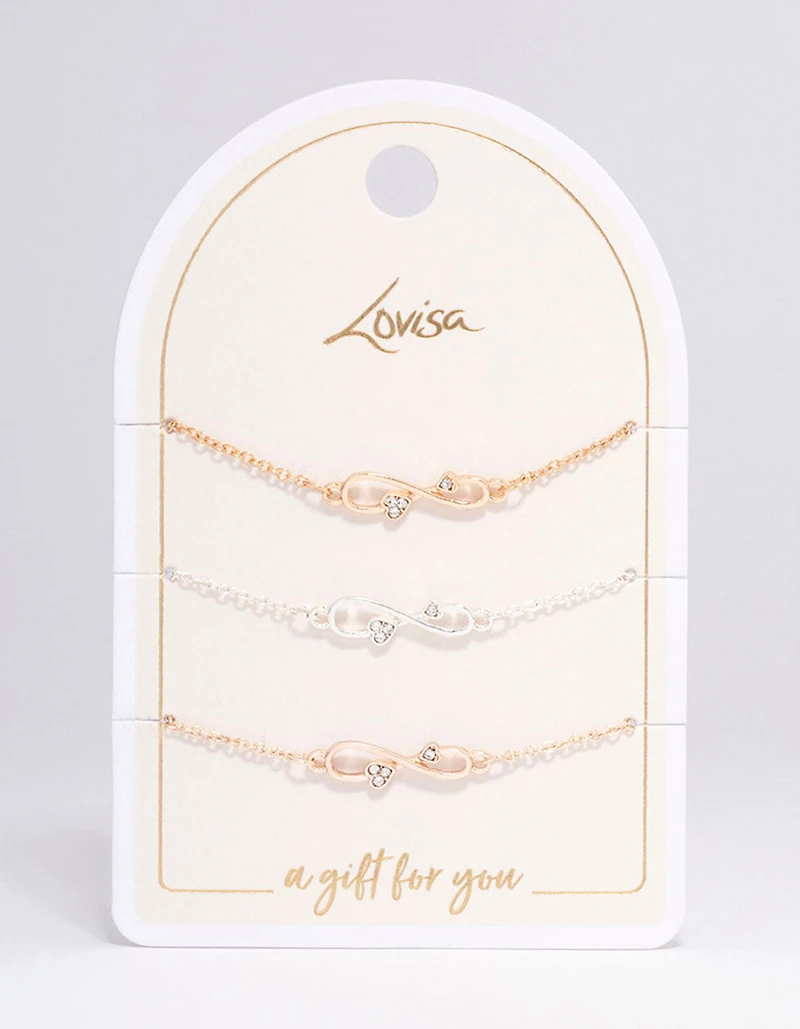 Mixed Metal Diamante Infinity Bracelet 3-Pack