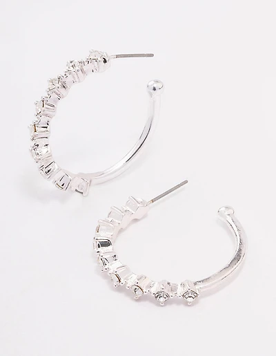 Silver Encased Round Diamante Hoop Earrings