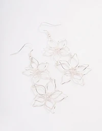 Silver Double Wire Flower Drop Earrings