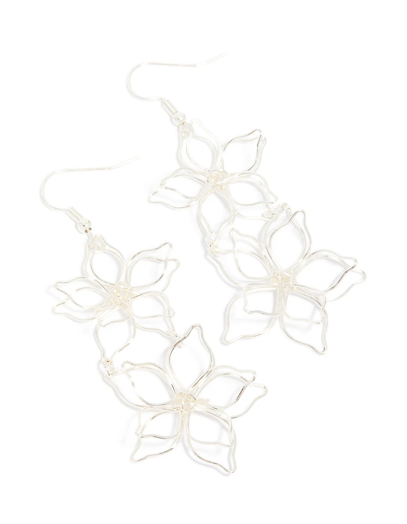 Silver Double Wire Flower Drop Earrings