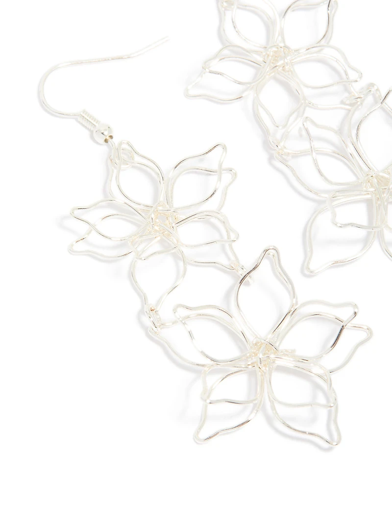 Silver Double Wire Flower Drop Earrings