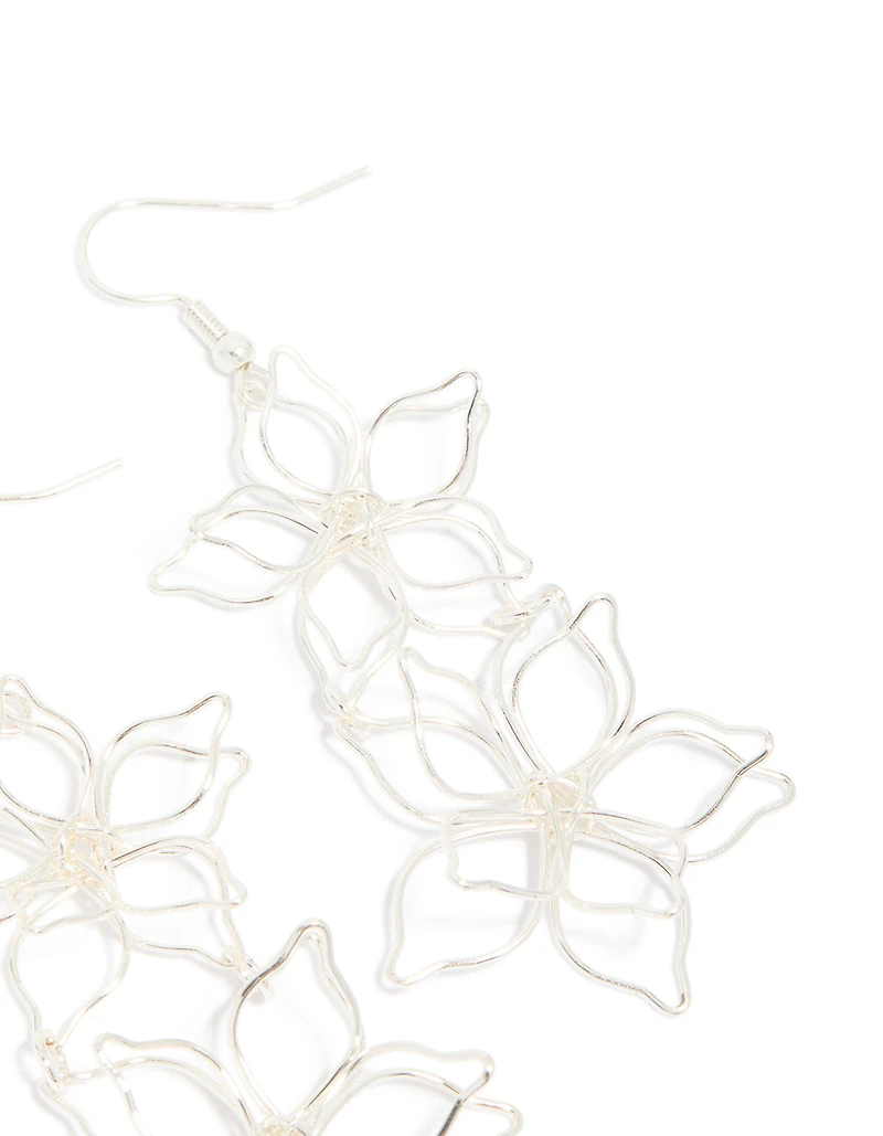 Silver Double Wire Flower Drop Earrings