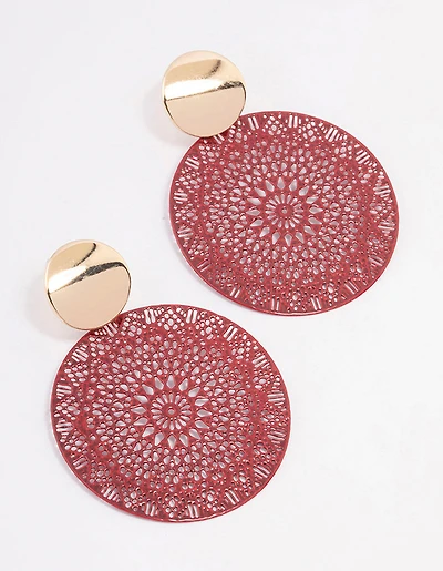 Red Mixed Disc Filigree Drop Earrings